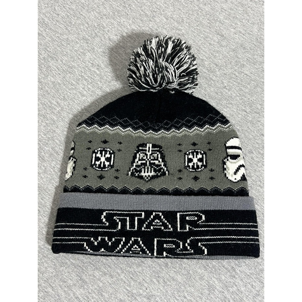 Star Wars Beanie Hat Cap Mens One Size Black Gray Pom Pom Knit Movie